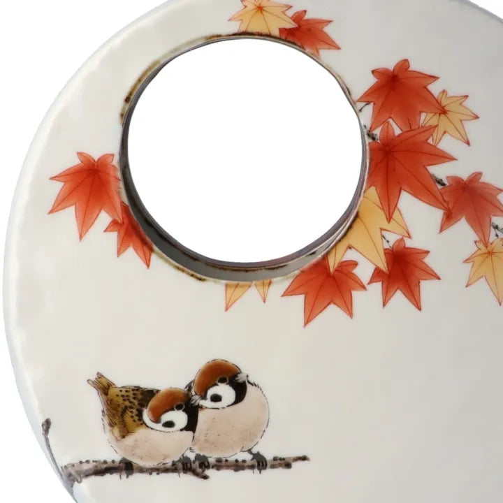 ROUND WINDOW DESIGN WITH THREE SPARROWS AND AUTUMN MAPLE LEAVES JAPANESE KUTANI FLOWER VASE / TOSHITO NAKAMURA