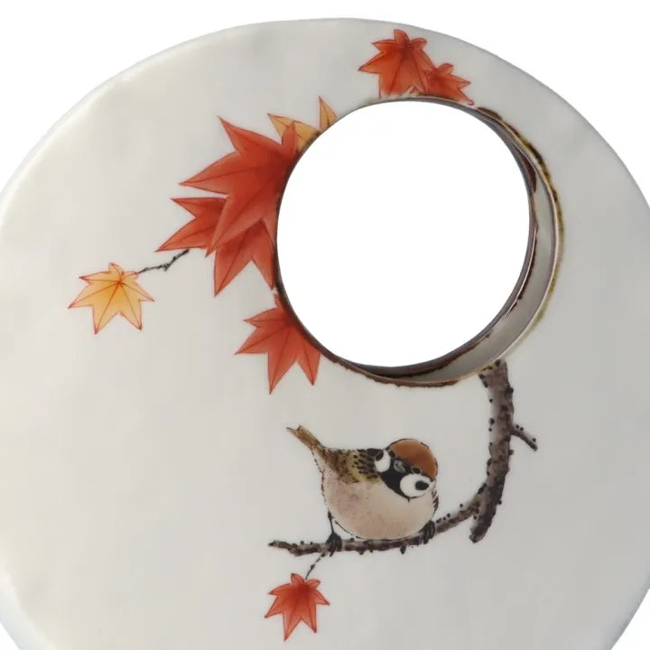 ROUND WINDOW DESIGN WITH THREE SPARROWS AND AUTUMN MAPLE LEAVES JAPANESE KUTANI FLOWER VASE / TOSHITO NAKAMURA