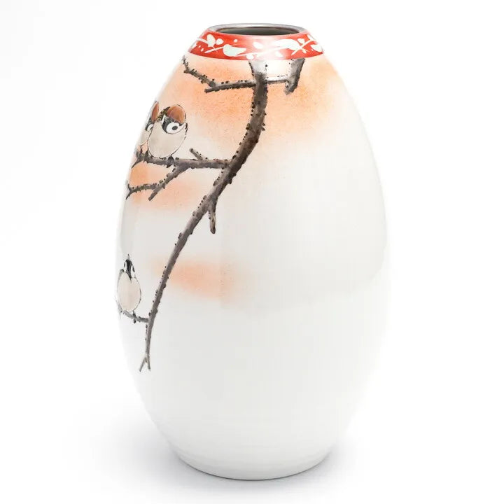 KUTANI JAPANESE FLOWER VASE BULLET-SHAPED FLOCK OF SPARROWS PAINTING”/ TOSHITO NAKAMURA