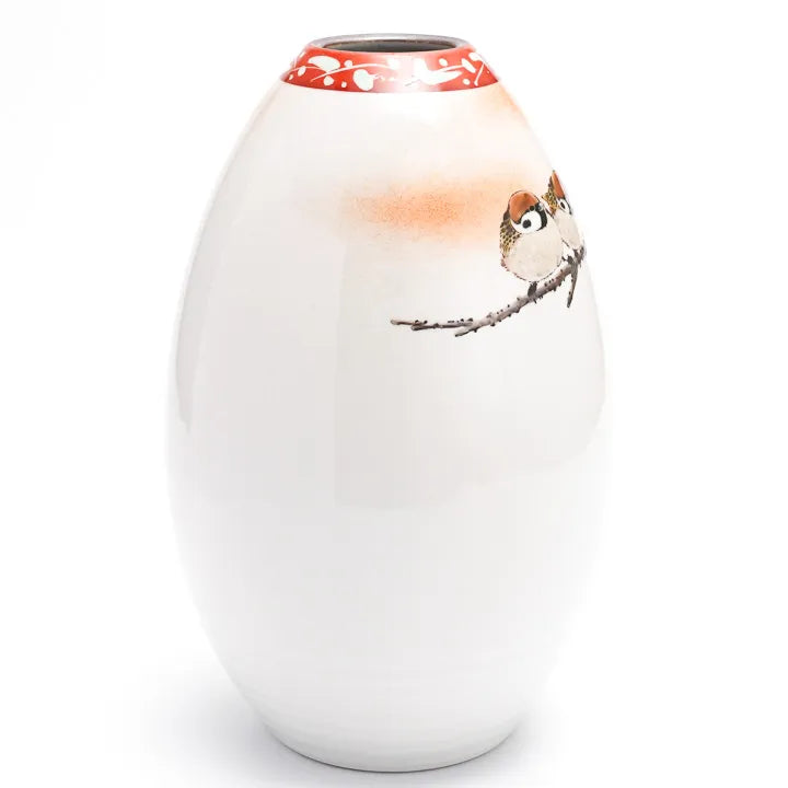 KUTANI JAPANESE FLOWER VASE BULLET-SHAPED FLOCK OF SPARROWS PAINTING”/ TOSHITO NAKAMURA