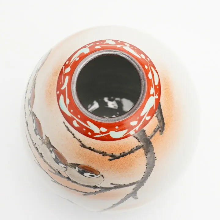 KUTANI JAPANESE FLOWER VASE BULLET-SHAPED FLOCK OF SPARROWS PAINTING”/ TOSHITO NAKAMURA
