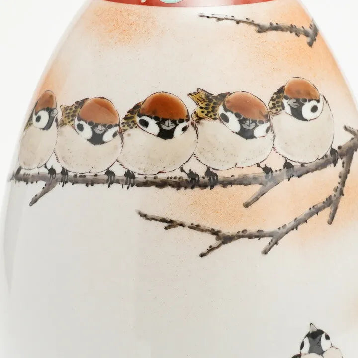 KUTANI JAPANESE FLOWER VASE BULLET-SHAPED FLOCK OF SPARROWS PAINTING”/ TOSHITO NAKAMURA