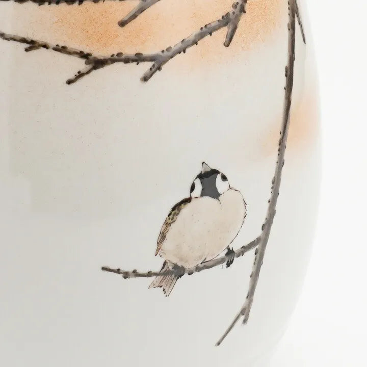 KUTANI JAPANESE FLOWER VASE BULLET-SHAPED FLOCK OF SPARROWS PAINTING”/ TOSHITO NAKAMURA