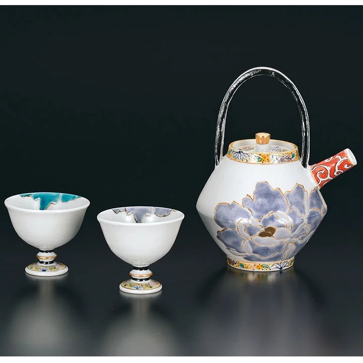 JAPANESE KUTANI PORCELAIN SAKE SET – HEKISHIBOTAN (BLUE-PURPLE PEONY) BY TSUYOSHI SATO