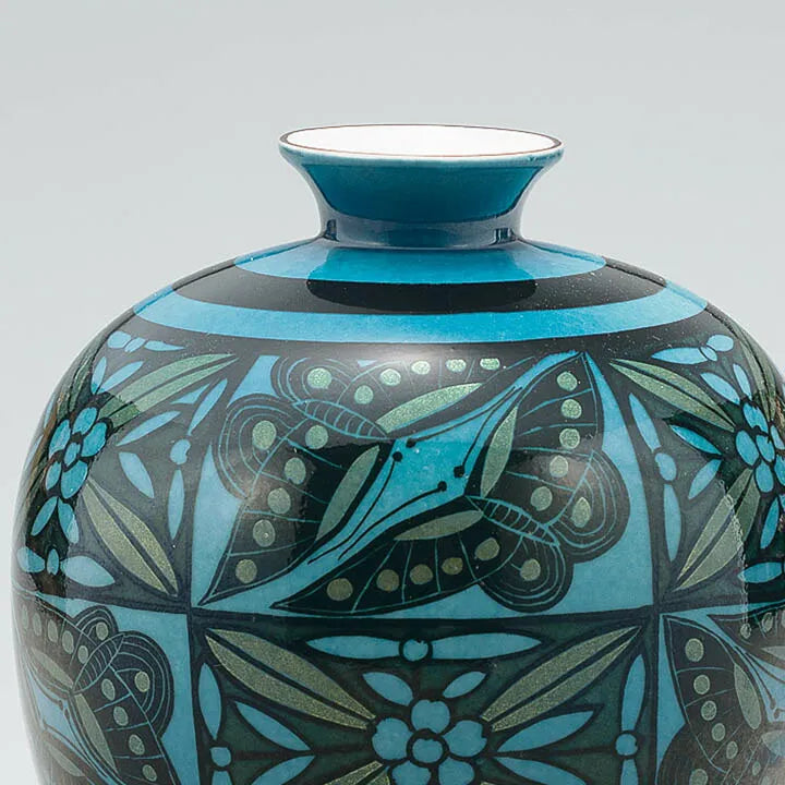 JAPANESE FLOWER VASE KUTANI BLUE-GLAZED PERSIAN BUTTERFLY MOTIF