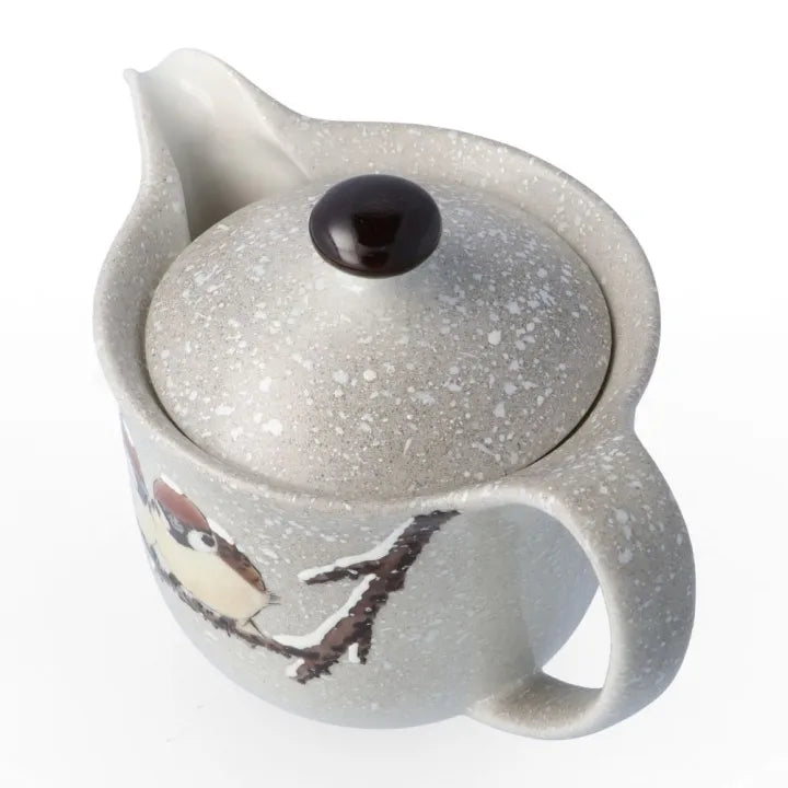 JAPANESE TEAPOT SET KUTANI TWO SPARROWS IN SNOW/ TOSHITO NAKAMURA