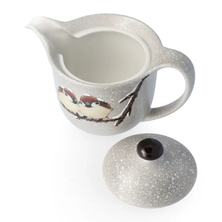 JAPANESE TEAPOT SET KUTANI TWO SPARROWS IN SNOW/ TOSHITO NAKAMURA