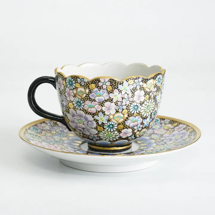 JAPANESE KUTANI CUP & SAUCER SET – HANA-ZUME FLORAL GOLD DECORATION BY ARTIST TAKAFUMI TAKA