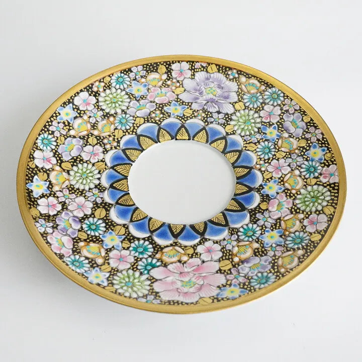 JAPANESE KUTANI CUP & SAUCER SET – HANA-ZUME FLORAL GOLD DECORATION BY ARTIST TAKAFUMI TAKA