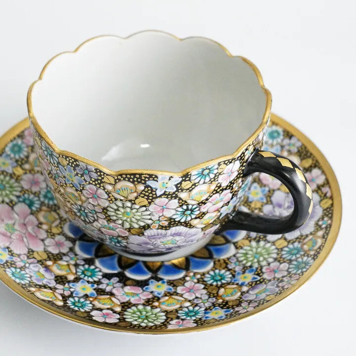 JAPANESE KUTANI CUP & SAUCER SET – HANA-ZUME FLORAL GOLD DECORATION BY ARTIST TAKAFUMI TAKA