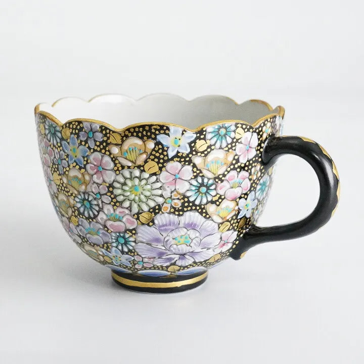 JAPANESE KUTANI CUP & SAUCER SET – HANA-ZUME FLORAL GOLD DECORATION BY ARTIST TAKAFUMI TAKA