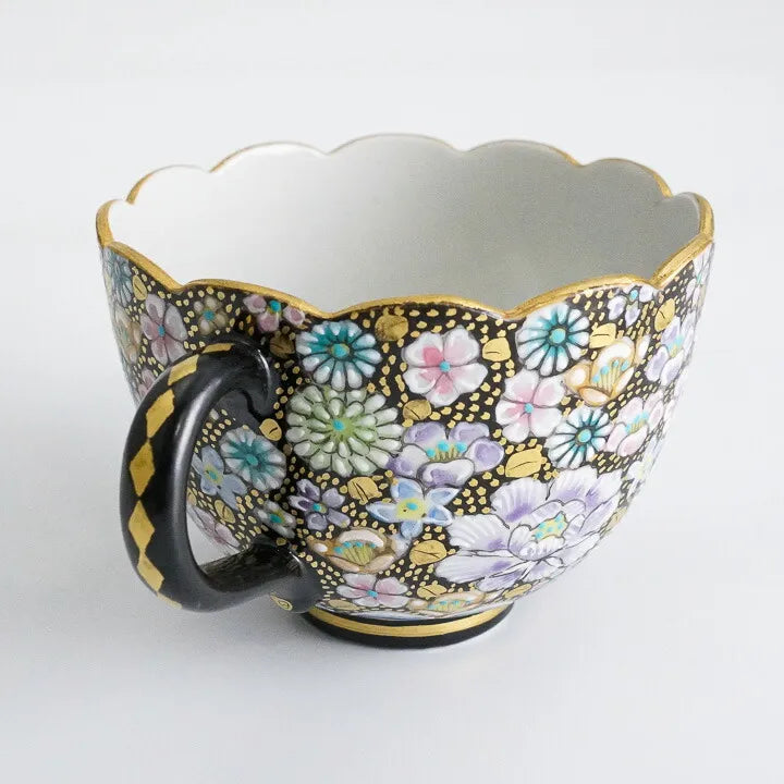 JAPANESE KUTANI CUP & SAUCER SET – HANA-ZUME FLORAL GOLD DECORATION BY ARTIST TAKAFUMI TAKA