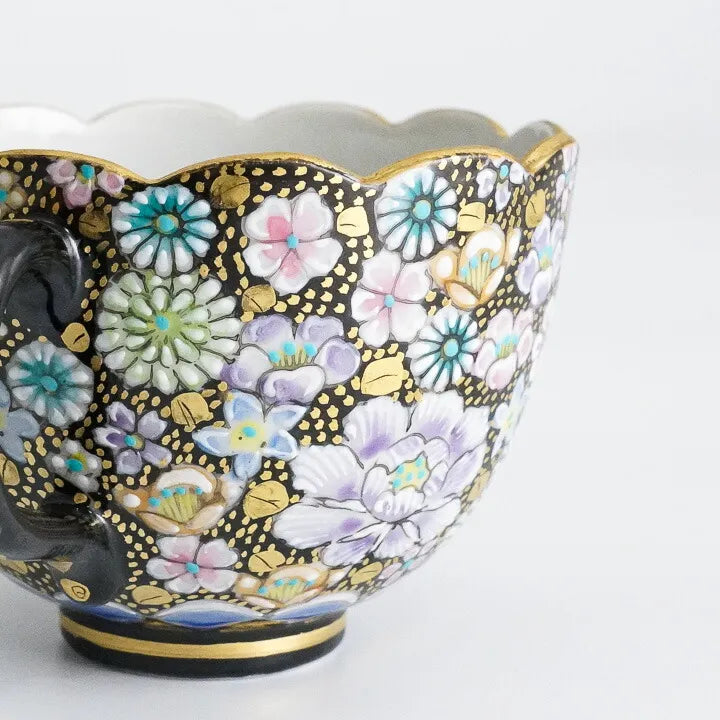 JAPANESE KUTANI CUP & SAUCER SET – HANA-ZUME FLORAL GOLD DECORATION BY ARTIST TAKAFUMI TAKA
