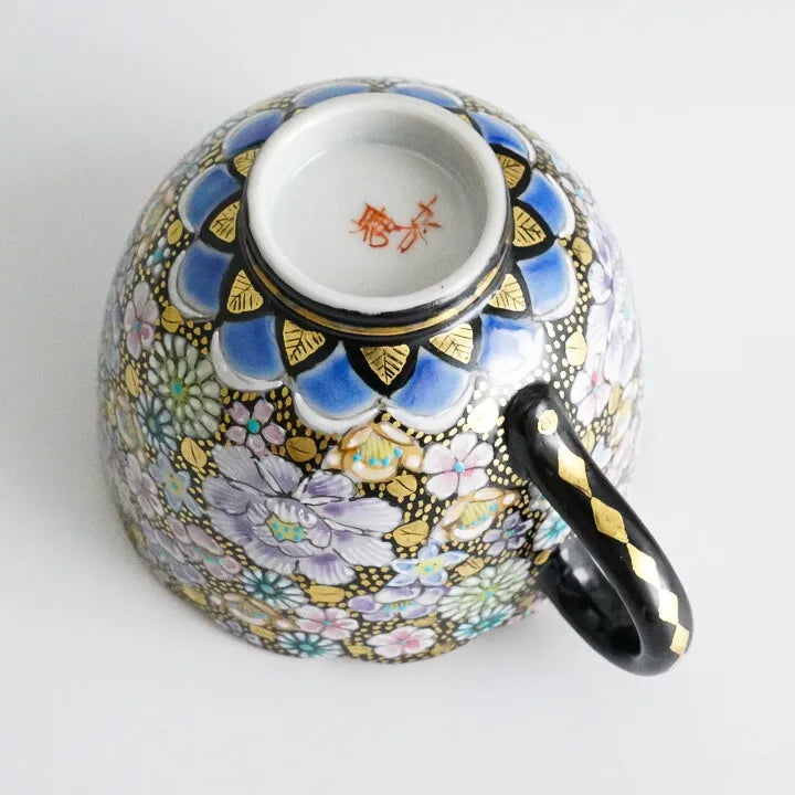 JAPANESE KUTANI CUP & SAUCER SET – HANA-ZUME FLORAL GOLD DECORATION BY ARTIST TAKAFUMI TAKA