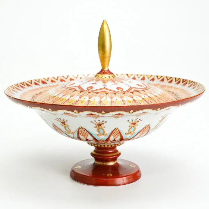 KUTANI PORCELAIN PEDESTAL PLATE – AKA-E KINRAN HANA-KOMON BY TAKAFUMI TAKA, TRADITIONAL JAPANESE TABLEWARE