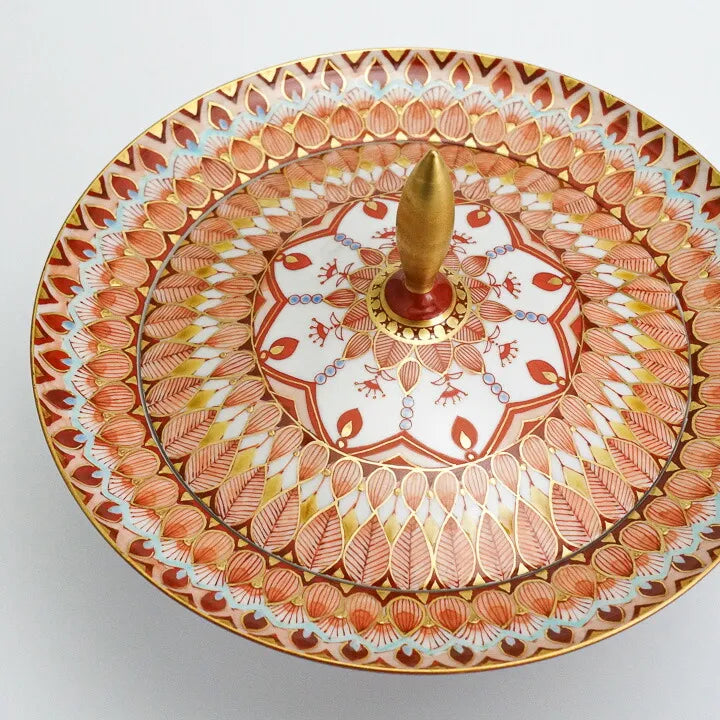 KUTANI PORCELAIN PEDESTAL PLATE – AKA-E KINRAN HANA-KOMON BY TAKAFUMI TAKA, TRADITIONAL JAPANESE TABLEWARE