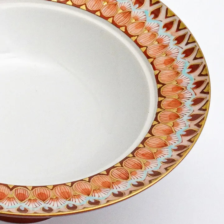 KUTANI PORCELAIN PEDESTAL PLATE – AKA-E KINRAN HANA-KOMON BY TAKAFUMI TAKA, TRADITIONAL JAPANESE TABLEWARE