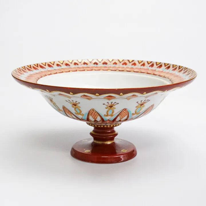 KUTANI PORCELAIN PEDESTAL PLATE – AKA-E KINRAN HANA-KOMON BY TAKAFUMI TAKA, TRADITIONAL JAPANESE TABLEWARE