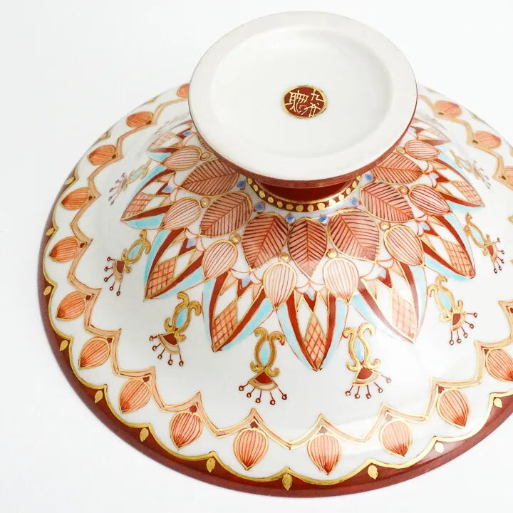 KUTANI PORCELAIN PEDESTAL PLATE – AKA-E KINRAN HANA-KOMON BY TAKAFUMI TAKA, TRADITIONAL JAPANESE TABLEWARE