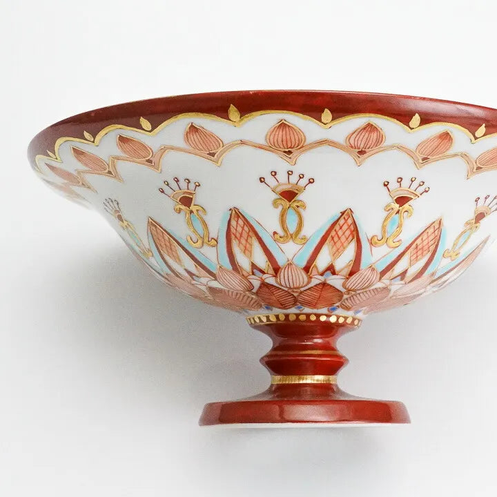 KUTANI PORCELAIN PEDESTAL PLATE – AKA-E KINRAN HANA-KOMON BY TAKAFUMI TAKA, TRADITIONAL JAPANESE TABLEWARE