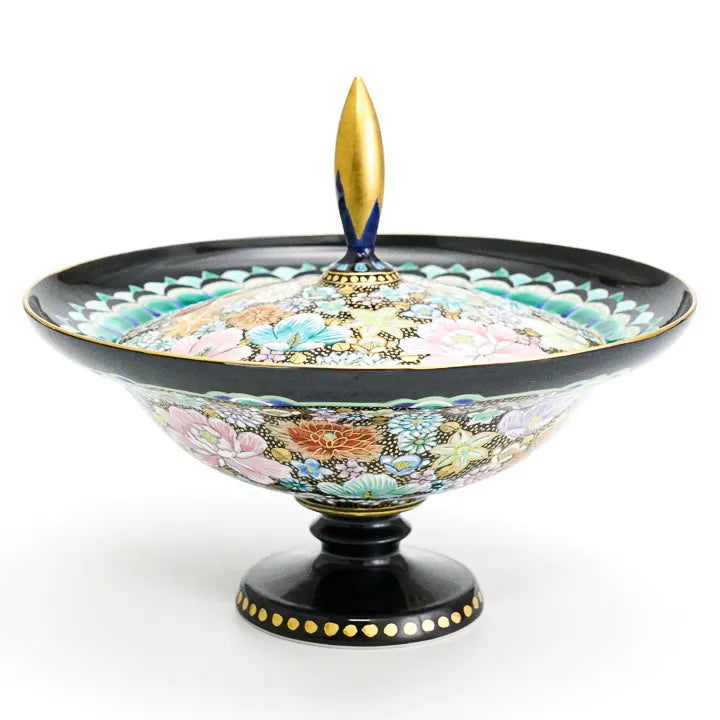 KUTANI WARE PEDESTAL PLATE – IROE KINRAN HANA-TSUME BY TAKAFUMI TAKA, JAPANESE PORCELAIN