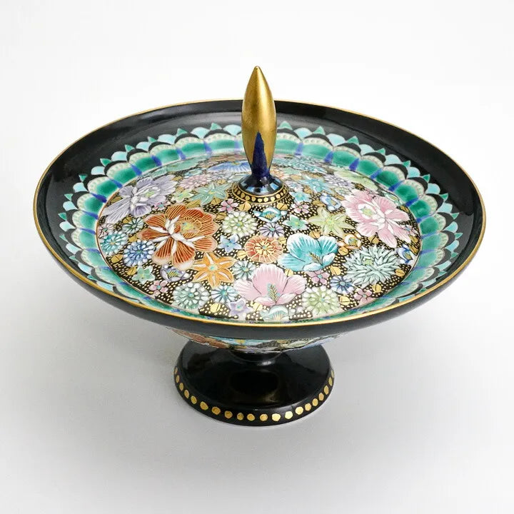KUTANI WARE PEDESTAL PLATE – IROE KINRAN HANA-TSUME BY TAKAFUMI TAKA, JAPANESE PORCELAIN