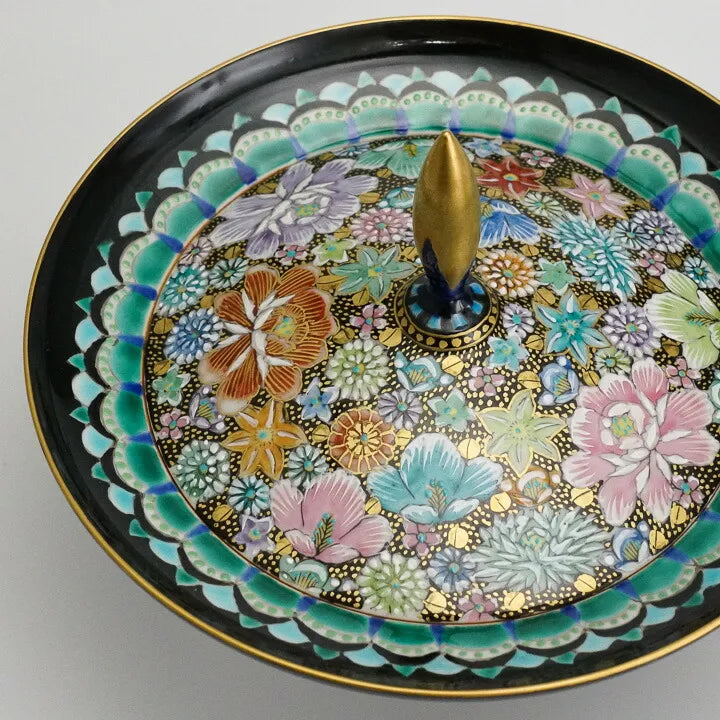 KUTANI WARE PEDESTAL PLATE – IROE KINRAN HANA-TSUME BY TAKAFUMI TAKA, JAPANESE PORCELAIN