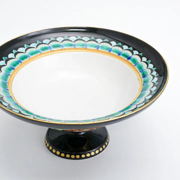 KUTANI WARE PEDESTAL PLATE – IROE KINRAN HANA-TSUME BY TAKAFUMI TAKA, JAPANESE PORCELAIN