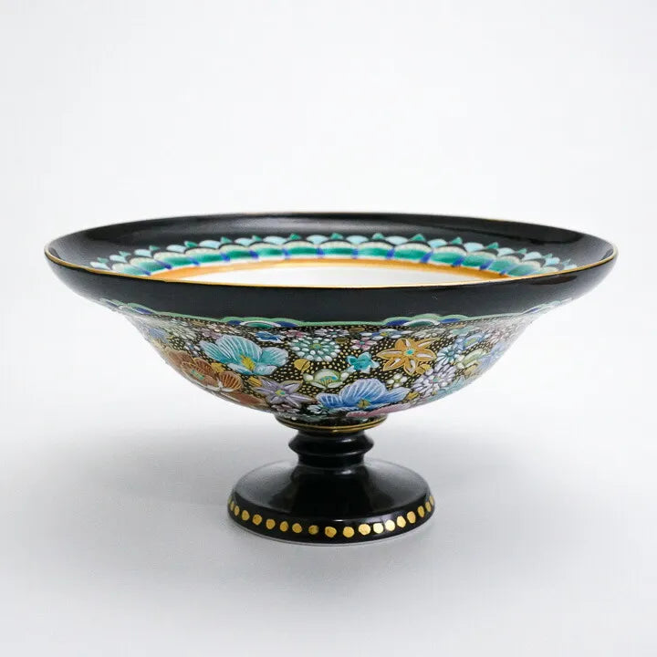 KUTANI WARE PEDESTAL PLATE – IROE KINRAN HANA-TSUME BY TAKAFUMI TAKA, JAPANESE PORCELAIN