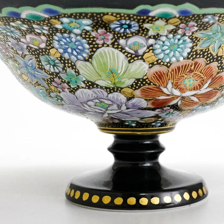 KUTANI WARE PEDESTAL PLATE – IROE KINRAN HANA-TSUME BY TAKAFUMI TAKA, JAPANESE PORCELAIN