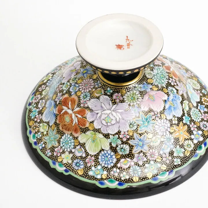 KUTANI WARE PEDESTAL PLATE – IROE KINRAN HANA-TSUME BY TAKAFUMI TAKA, JAPANESE PORCELAIN