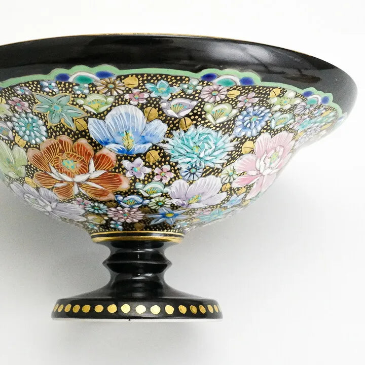 KUTANI WARE PEDESTAL PLATE – IROE KINRAN HANA-TSUME BY TAKAFUMI TAKA, JAPANESE PORCELAIN