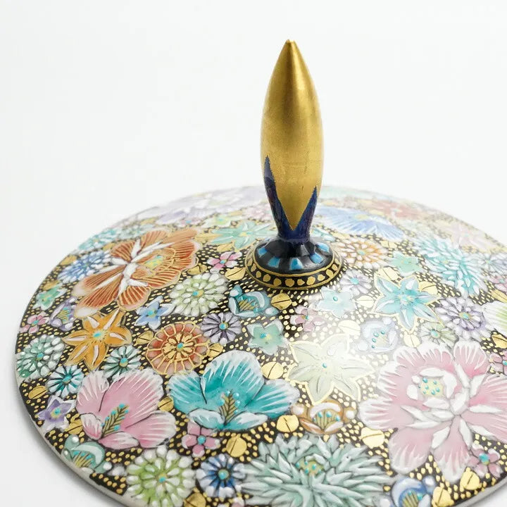 KUTANI WARE PEDESTAL PLATE – IROE KINRAN HANA-TSUME BY TAKAFUMI TAKA, JAPANESE PORCELAIN