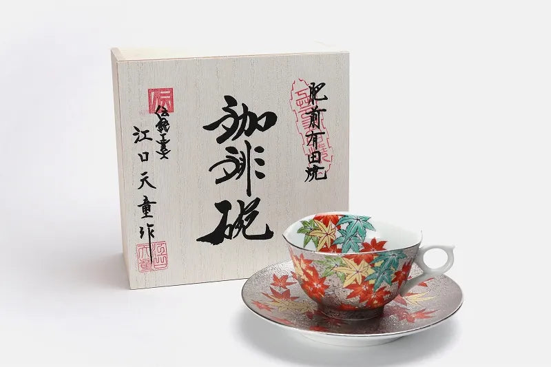 ARITA WARE “PLATINUM MAPLE” COFFEE CUP & SAUCER – KINRYU KILN | JAPANESE PORCELAIN WITH WOODEN BOX