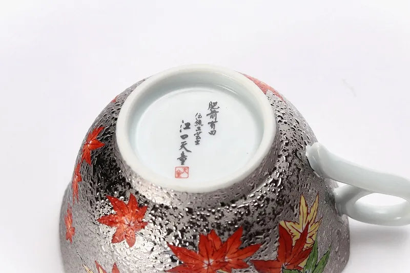 ARITA WARE “PLATINUM MAPLE” COFFEE CUP & SAUCER – KINRYU KILN | JAPANESE PORCELAIN WITH WOODEN BOX