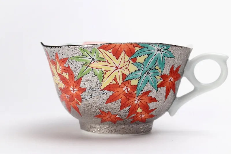 ARITA WARE “PLATINUM MAPLE” COFFEE CUP & SAUCER – KINRYU KILN | JAPANESE PORCELAIN WITH WOODEN BOX