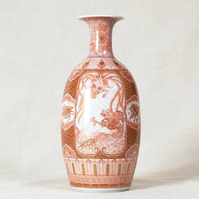 KUTANI WARE JAPANESE FLOWER VASE – “MITSUMADORI” PANEL DESIGN BY BUZAN FUKUSHIMA