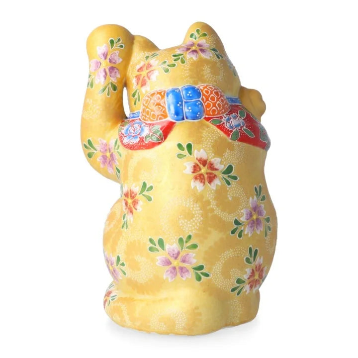 KUTANI WARE LUCKY CAT(MANEKI NEKO) WITH YELLOW BASE AND CHERRY BLOSSOM RAISED DESIGN (LEFT PAW RAISED)