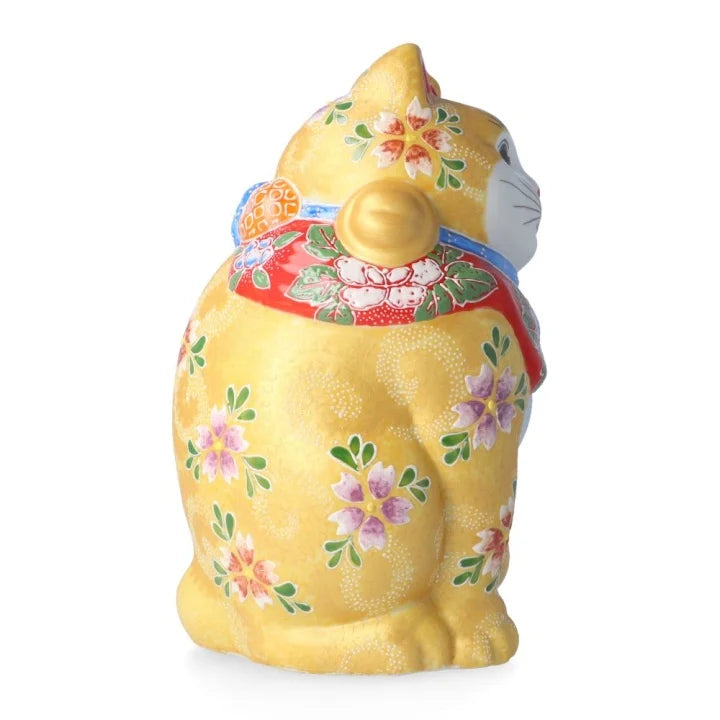 KUTANI WARE LUCKY CAT(MANEKI NEKO) WITH YELLOW BASE AND CHERRY BLOSSOM RAISED DESIGN (LEFT PAW RAISED)