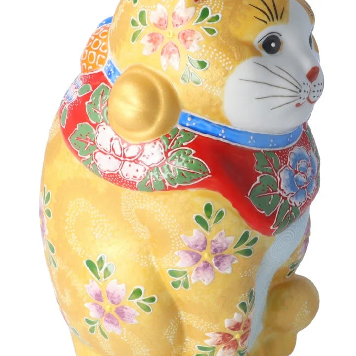 KUTANI WARE LUCKY CAT(MANEKI NEKO) WITH YELLOW BASE AND CHERRY BLOSSOM RAISED DESIGN (LEFT PAW RAISED)