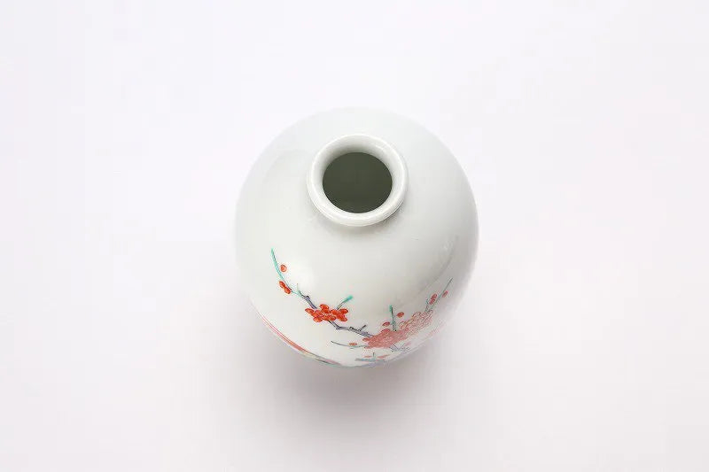 ARITA WARE NATSUME-SHAPED SINGLE FLOWER VASE – PLUM AND BIRD DESIGN / KAKIEMON KILN