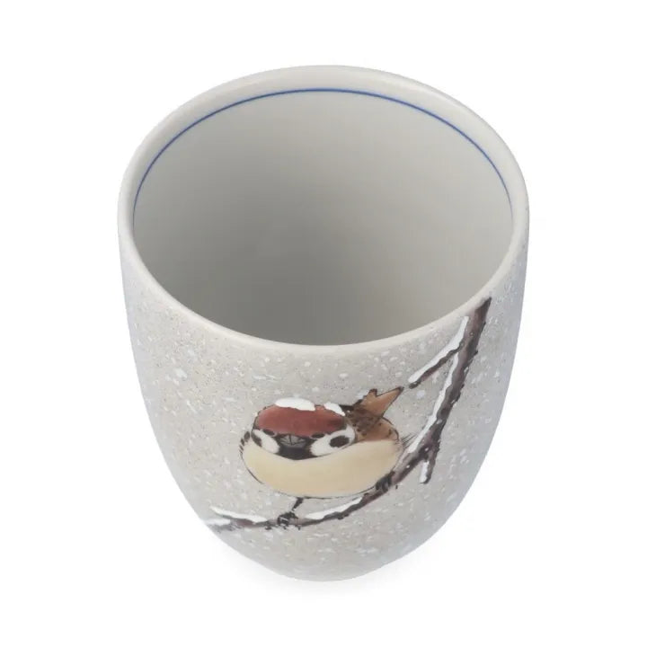 KUTANI WARE YUNOMI “SNOW SPARROW” BY TOSHITO NAKAMURA – JAPANESE PORCELAIN TEACUP