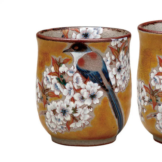 KUTANI JAPANESE YUNOMI SET YOSHIDAYA WILD CHERRY BLOSSOMS WITH BIRD / BIZAN KILN