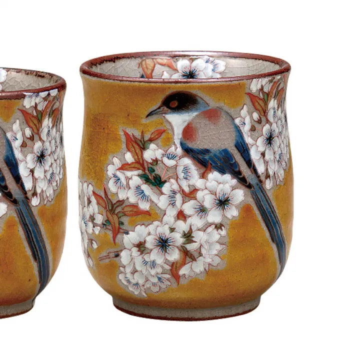 JAPANESE KUTANI PORCELAIN YUNOMI TEA CUP SET – YOSHIDAYA STYLE WITH WILD CHERRY BLOSSOMS & BIRD | BIZAN KILN