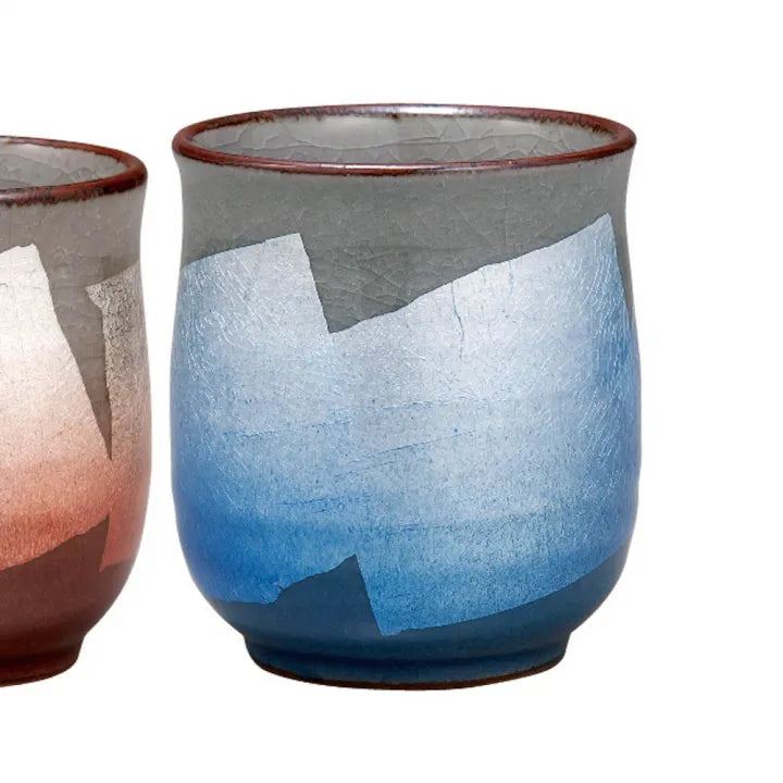 KUTANI WARE SILVER GLAZE PAIR TEACUPS – BIZAN KILN (GIFT BOXED)