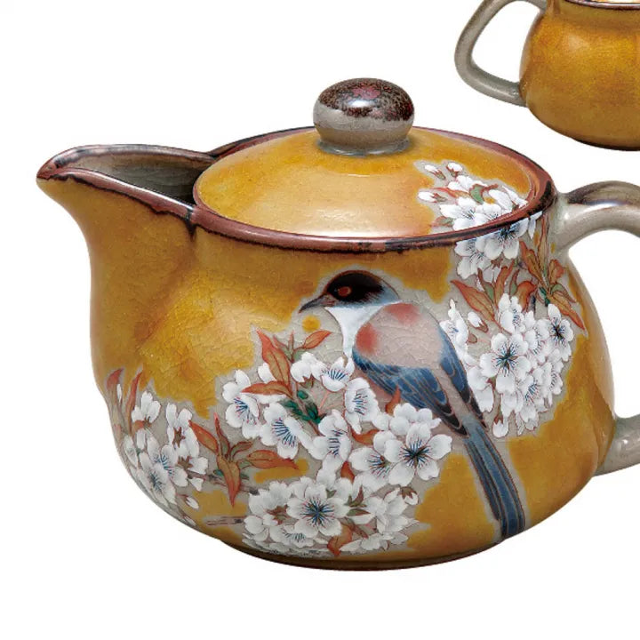 KUTANI JAPANESE TEA POT “YOSHIDAYA MOUNTAIN CHERRY BLOSSOMS AND BIRD” / BIZAN GAMMA