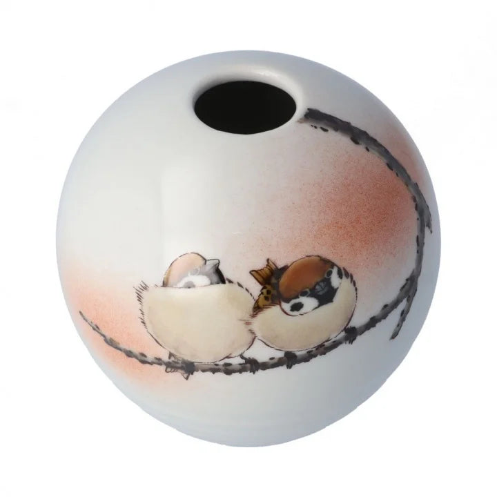 KUTANI YAKI ROUND SINGLE FLOWER VASE – TWIN SPARROWS MOTIF / TOSHIHITO NAKAMURA