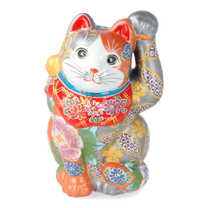 JAPAN KUTANI  LUCKY CAT( MANEKI-NEKO) SILVER VERMILION FLORAL PROSPERITY (WITH CUSHION)