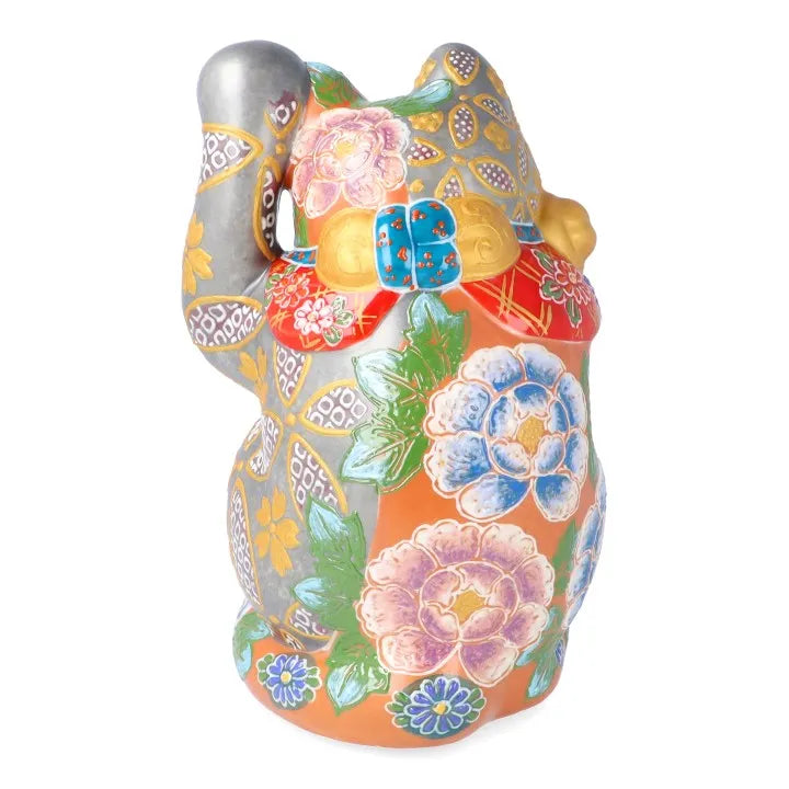 JAPAN KUTANI  LUCKY CAT( MANEKI-NEKO) SILVER VERMILION FLORAL PROSPERITY (WITH CUSHION)