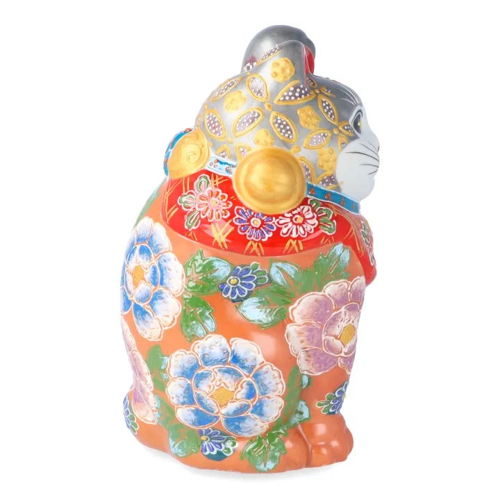 JAPAN KUTANI  LUCKY CAT( MANEKI-NEKO) SILVER VERMILION FLORAL PROSPERITY (WITH CUSHION)